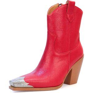 Women's Red Engraved Steel Toe Cowgirl Boots Stacked Block Heels Short Boots